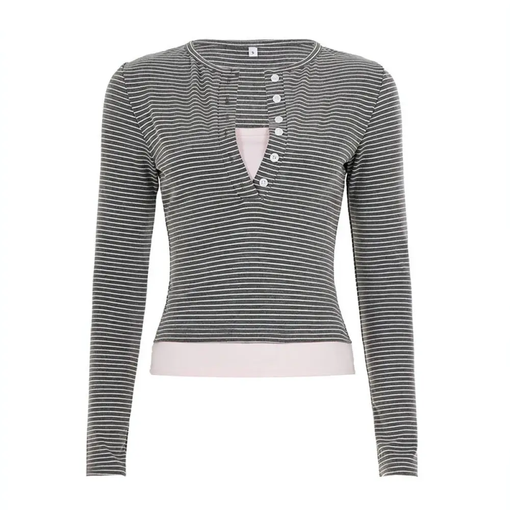 Retro Style Long Sleeve T Shirt Women Striped Fake Two Piece Slim Fit Top Button Accent Soft Knit Autumn Casual Apparel
