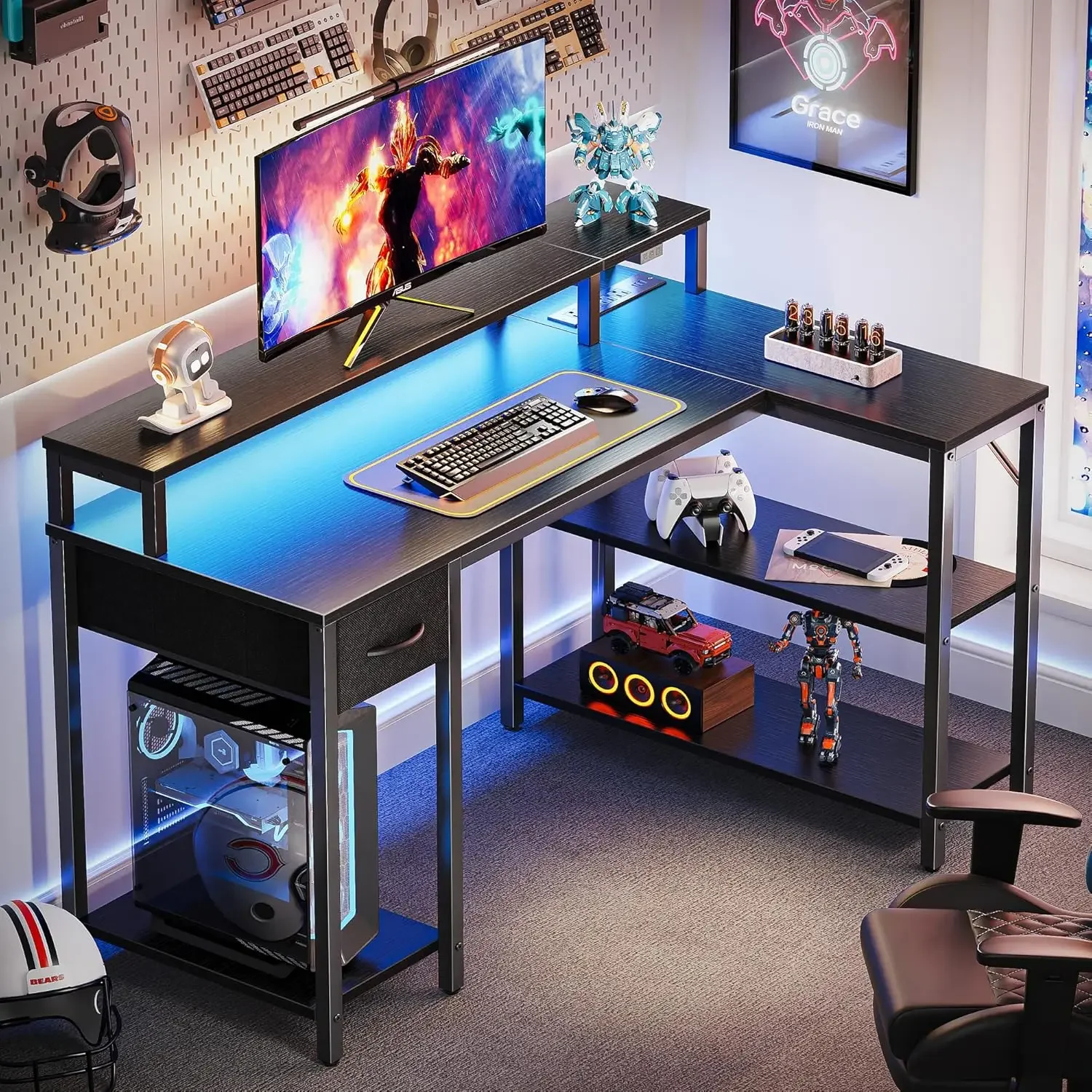 47 inch Reversible L Shaped Desk with LED Lights & Power Outlets, Computer Desk with Shelves & Monitor Stand, Gaming