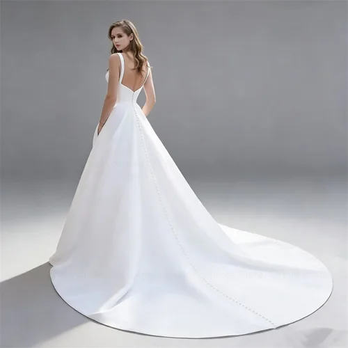 Imagen 2 del producto Vestido de Novia Elegante Personalizado con Cuello en V, Vestido de Novia Largo de Satén, Línea A, Espalda Descubierta, Botones, Tirantes Espagueti, con Bolsillos