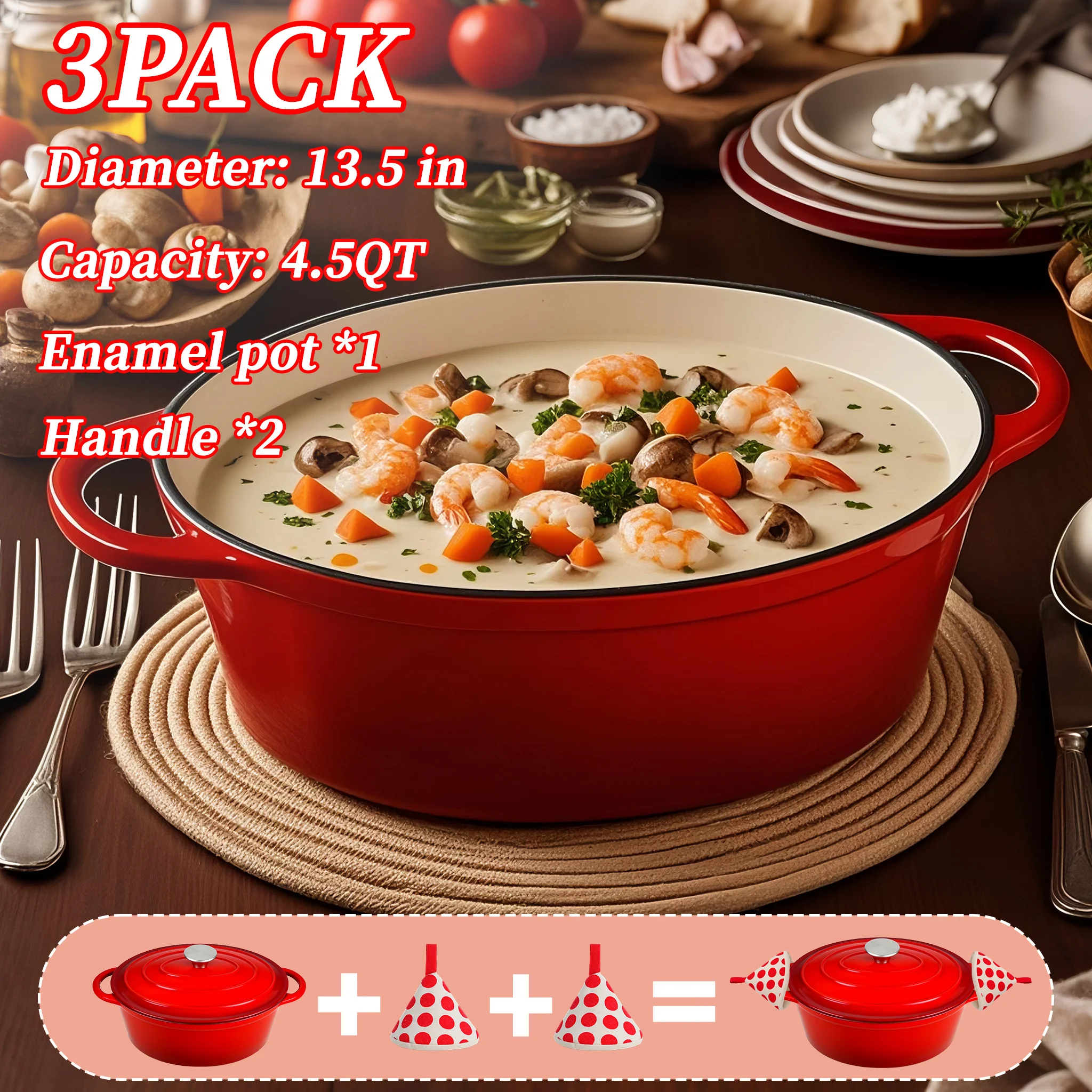 

4.5 Quart-Dutch Pot Made Of Enamel Cast Iron with Lid-high Quality And Durable, Random Color, Can Withstand High Temperature Up to 500°F-heavy Cooker, And Two Heat-resistant Triangular Lids Are Very Suitable for Baking Bread, Stews