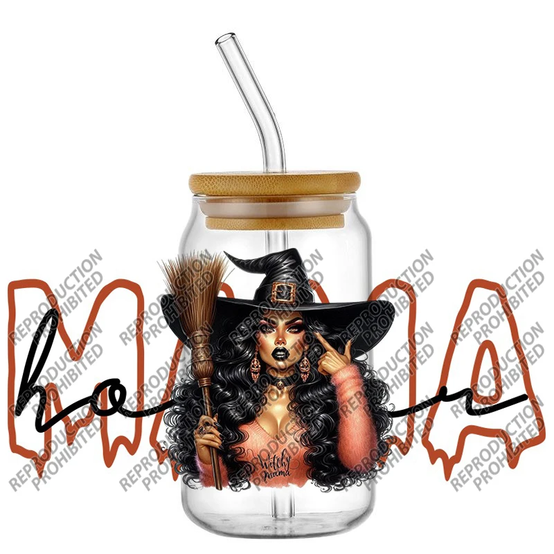 Halloween Spooky Mama UV DTF Cup Wrap Stickers Waterproof No Heat Transfer For 16oz Libbey Glass Can Witch Horror Tumbler Decal