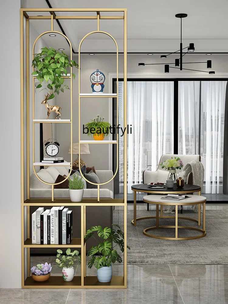 

02Nordic stainless steel entrance hollow living room bookshelf light luxury screen partition shelf