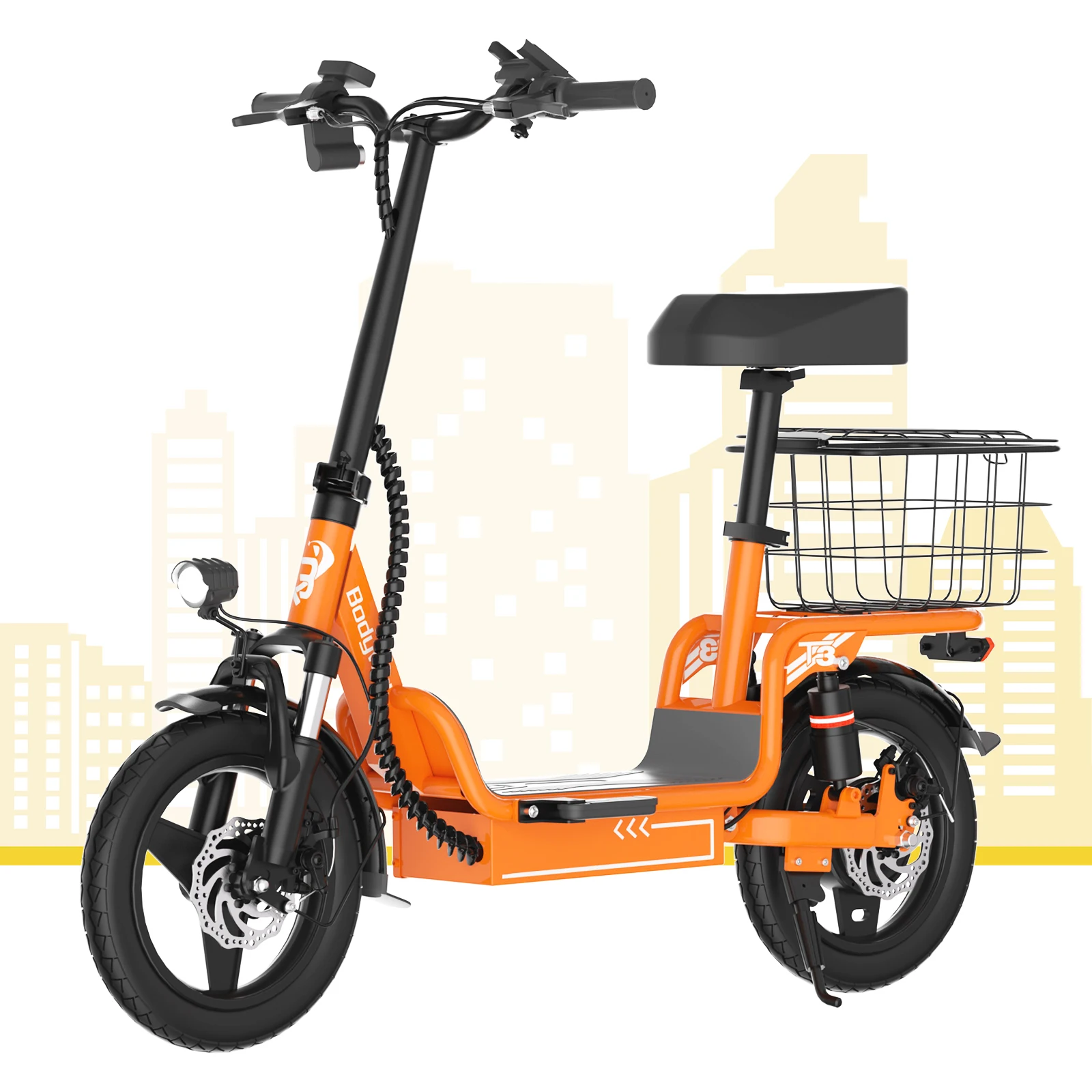 

Bodywel T3 Electric Scooter With seat And basket 14 Inch 500W(Peak) Foldable EScooter 48V 9Ah Max Range 40km Mobility patinetes