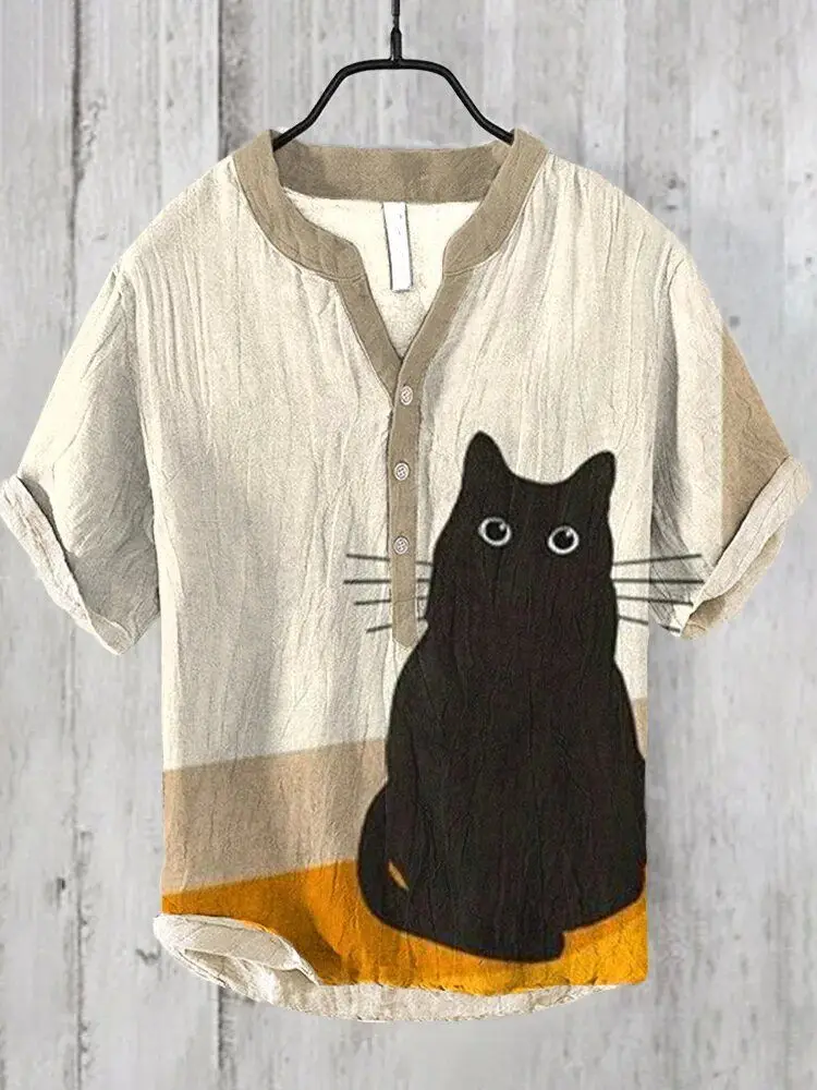 

Summer Japanese style new art cute cat pattern printed men's short sleeved shirt linen comfortable fabric popular in Europe and