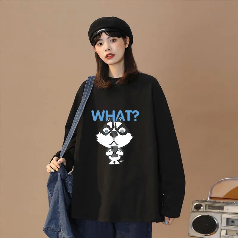 

Autumn Winter Cute Dog Print Women Black T-shirt Girl Casual Long Sleeve Top Female Animal Clothing Oversized Plus Size T Shirt