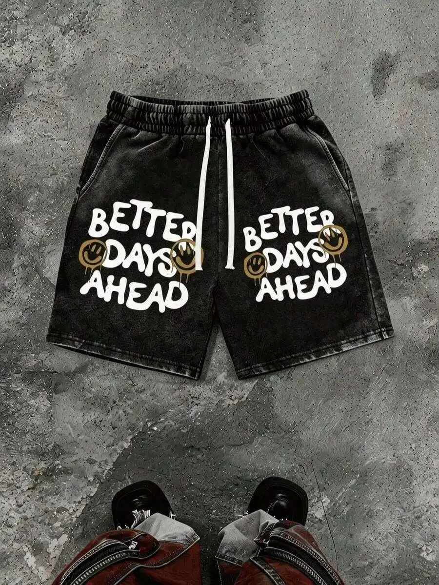 

Men Loose Fit Casual Street Shorts With Printed Slogan And Smiley Face