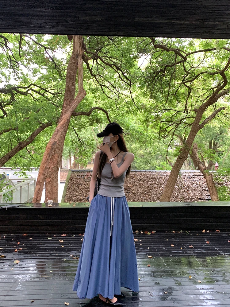 

High Waist Blue Umbrella Skirt Ele Flared Hemline Practical Wearable Commute Sle Mid-Length Cotton Blend Skirt