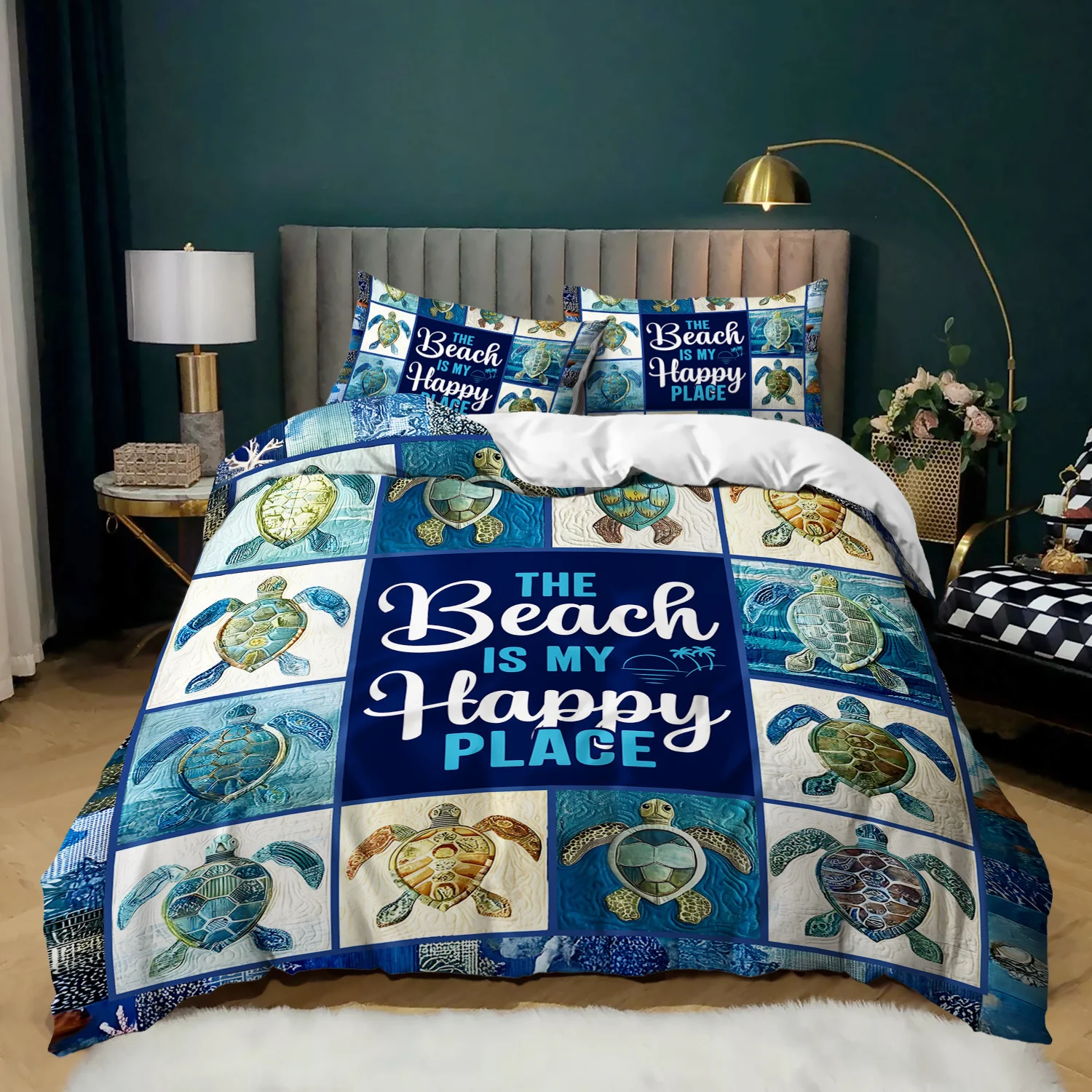 

3pcs Sea Turtle Beach Bedding Duvet Cover Set Ocean Turtle Bedding Quilt Set Coastal Themed Bed Quilt Set Summer Beach