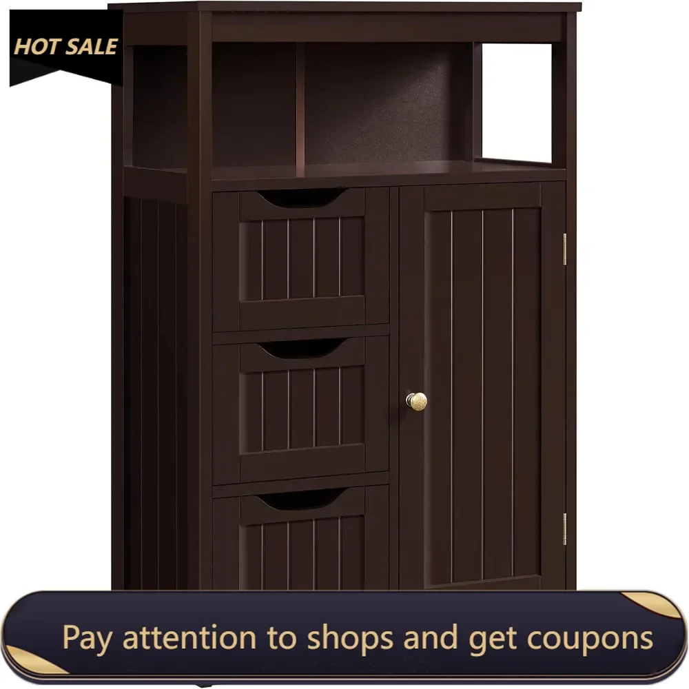 

Wood Bathroom Floor Cabinet with 3 Drawers &1 Cupboard, Free Standing Storage Organizer Hallway Entryway Cabinet Espresso