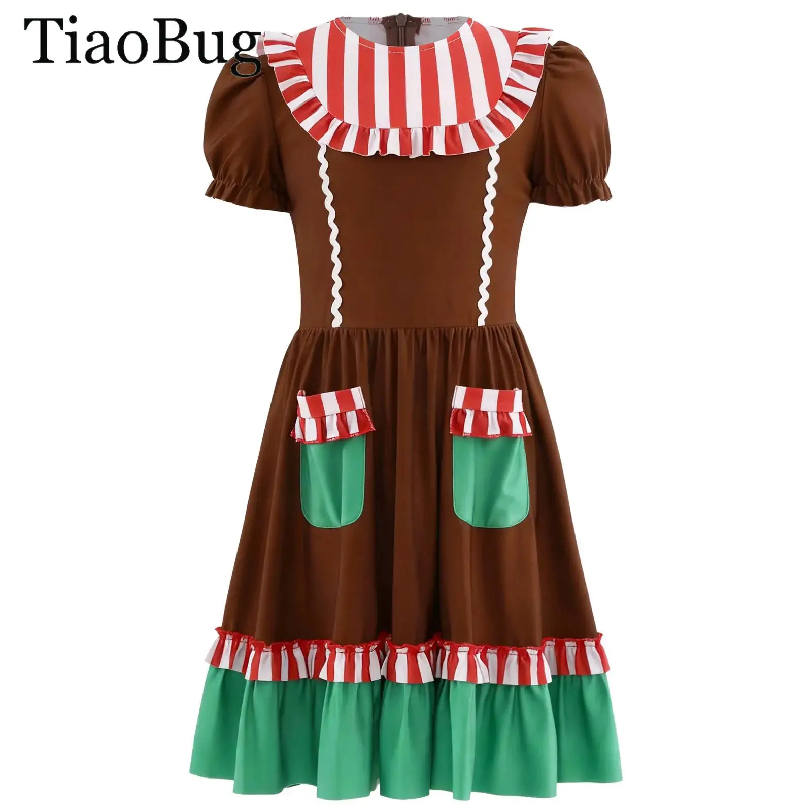 

Girls Christmas Gingerbread Man Costume Puffy Short Sleeve Two Pockets Ruffled Xmas Cosplay Candy Cane Santa Cookie Tutu Dress