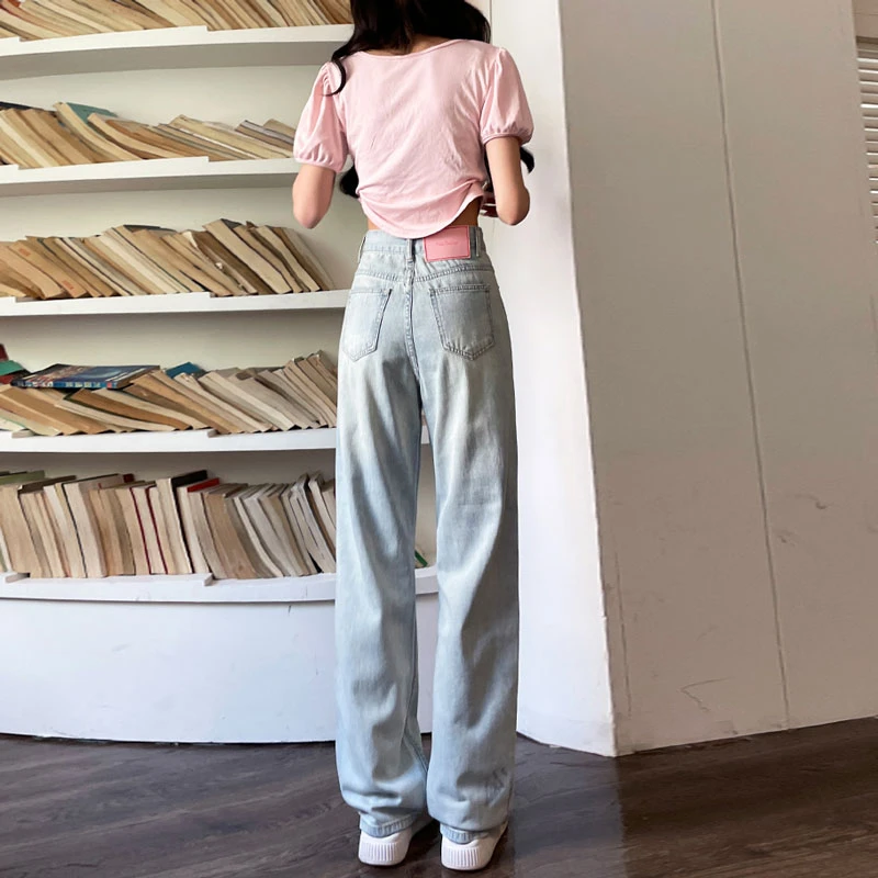 Pear-shaped wide-legged jeans women's summer and fall design sense pink label high waist loosecasual trailing straight longpants
