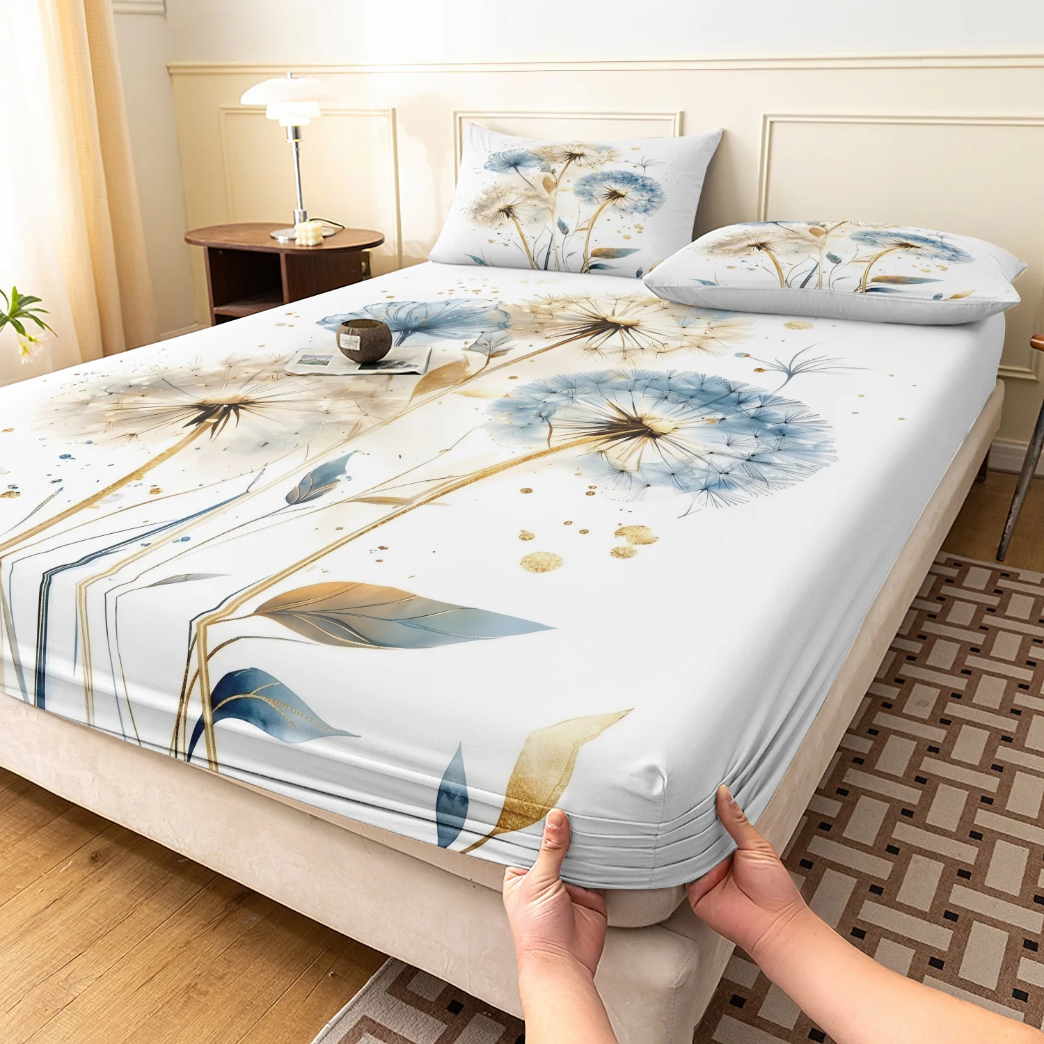 

3pcs Set Blue Beige Dandelion Floral Fitted Sheet, Watercolor Pattern Bedding For Premium Bedroom Family Decor And Household
