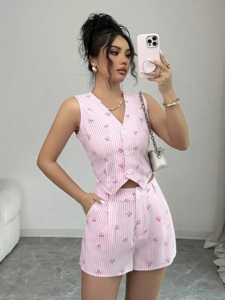 

Pink And White Striped Sleeveless Top And Shorts Set Crinkle Fabric Bow Detail Casual Summer Outfit