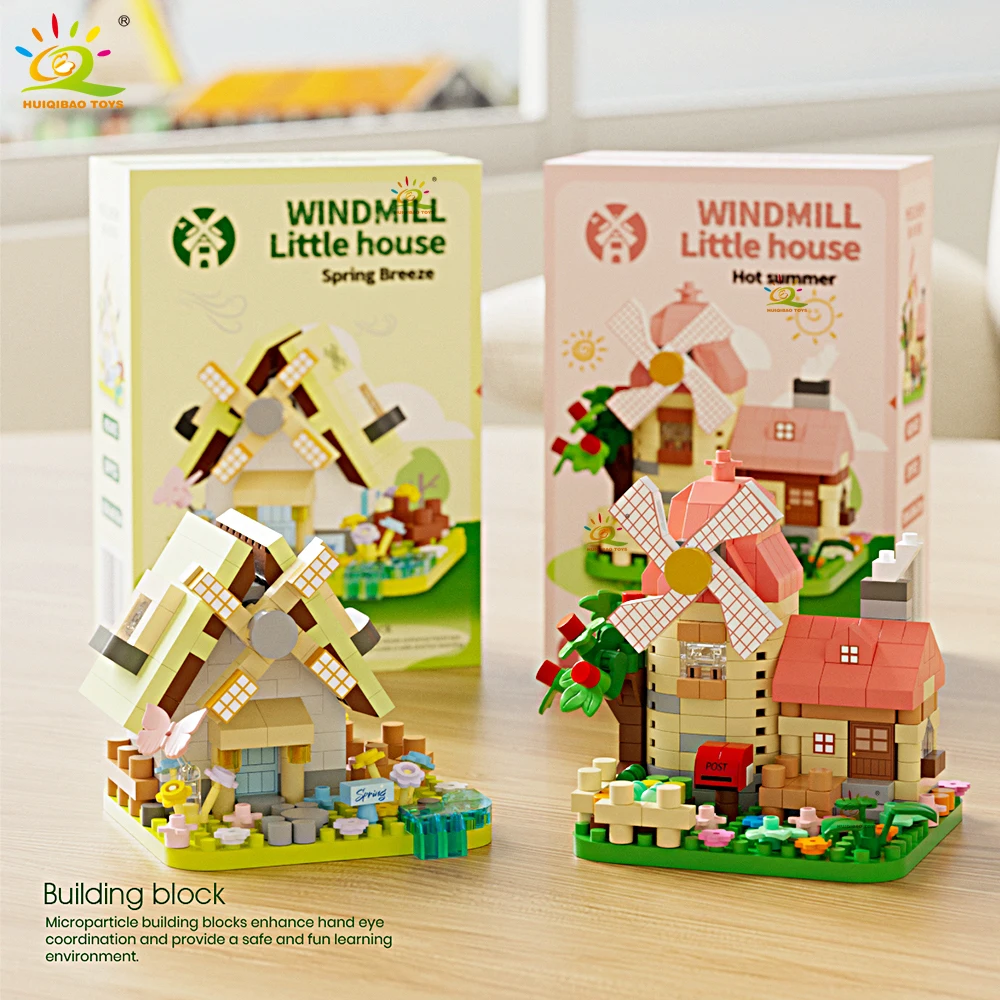 HUIQIBAO mignon MOC moulin à vent maison modèle Micro bloc de construction vue sur la rue modèle Mini brique jouet pour enfants bureau décoration de la maison