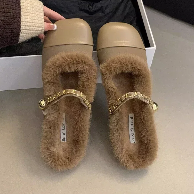 Brand Fur Slippers Women Flats Mules Shoes New Winter Warm Casual Cotton Shoes Woman 2024 Trend Short Plush Flip Flops Zapatos