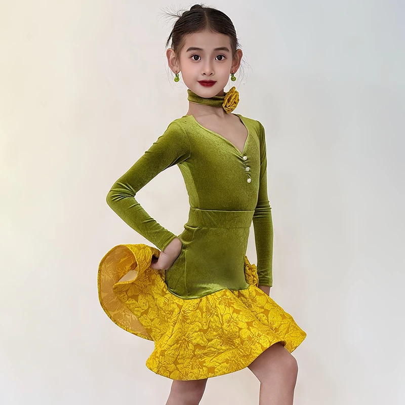 vetements-de-danse-latine-d'hiver-pour-filles-costume-de-danse-vert-a-manches-longues-pour-enfants-tenue-de-spectacle-de-danse-latine-vetements-de-scene-vdl5041