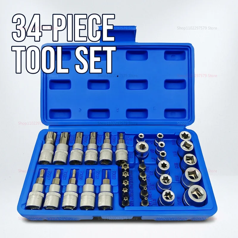 Professional 34pcs Torx Bit Socket Set E-Torx Star Bits Male Female Handheld Tool Kit with Case for Automotive and DIY Repairs