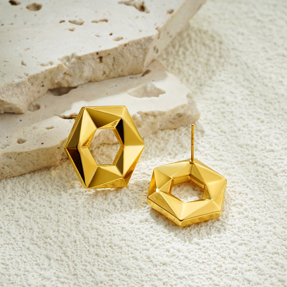 Minimalist Hollow Geometric Symmetry Gold Color Earrings Waterproof Chunky Star Ear Hoops PVD Huggie Vintage Jewelry Rust Proof - view 2