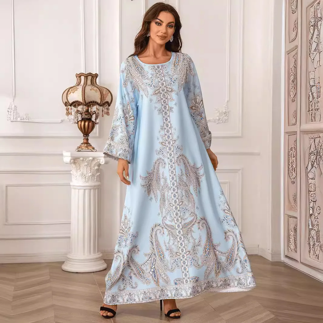 Eid Muslim Beading Party Dress for Women Ramadan Abaya Long Dress Print Morocco Kaftan Vestidos Largos Dubai Robe Jalabiya 2024