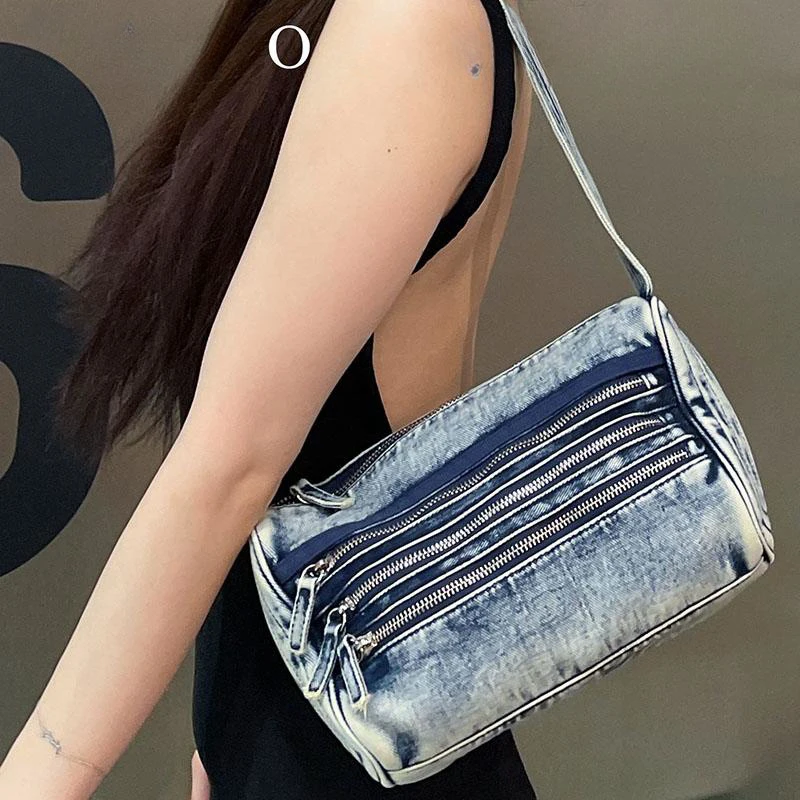 

Women's Luxury Denim Shoulder Bags 2024 Trendy New Multi-Layer Zipper Washed Denim Bags And Purses Luxury Ladies Vintage Handbag