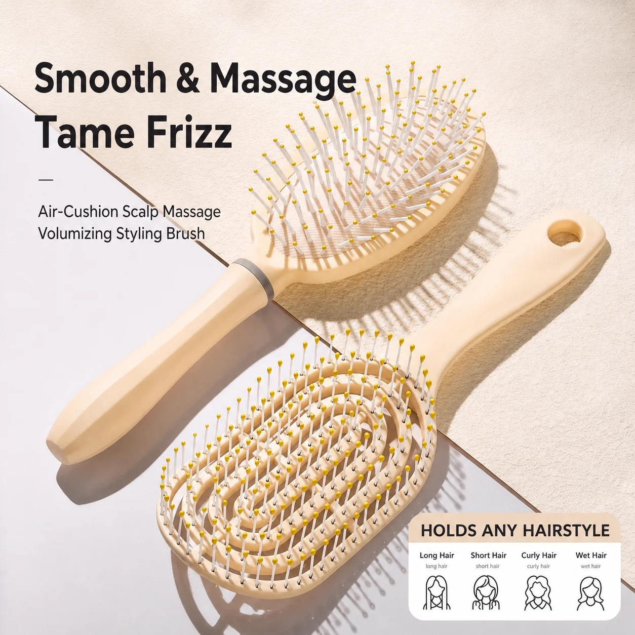 Minimalist Beige PlasticHair Brush Set Detangling Anti-Static Scalp Massage Comb for Women Girls Home Salon Daily Hair Care Gift