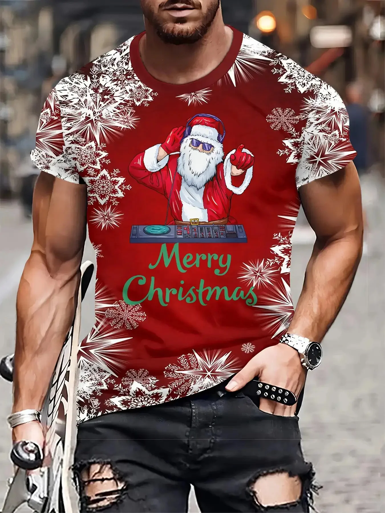 

Funny Cartoon Santa Claus Men's T-shirt 3D Christmas Elements Short Sleeve Tops Outdoor Street Hip Hop X'mas Party Men Clothing