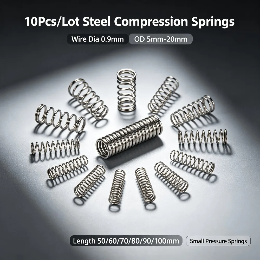 Multi Size Compression Spring 10Pcs/Lot, 0.9mm Wire Diameter, OD 5-20mm, 50/60/70/80/90/100mm Industrial Small Spring
