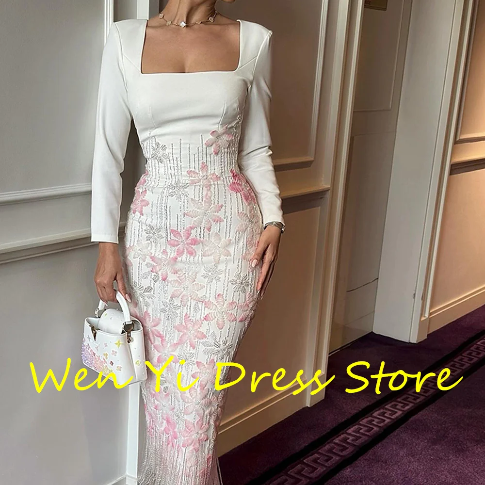 Customized Luxury Appliques Sequined Mermaid Evening Dress Exquisite Lace Tassel Crystal Square Collar Jersey Long Sleeves Gowns