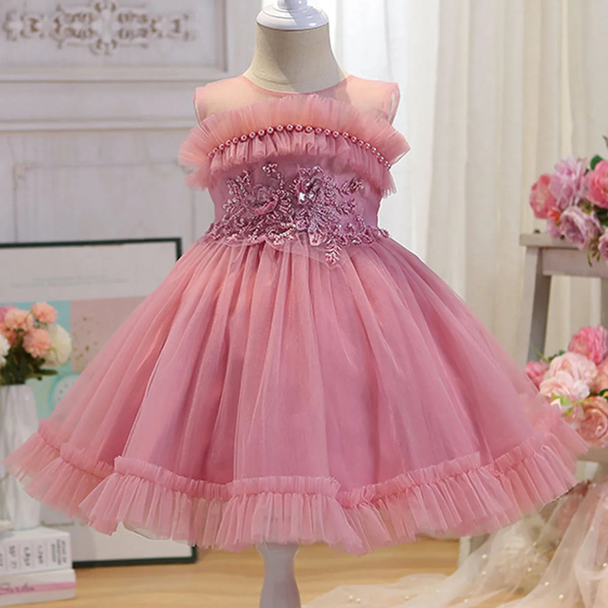 

2024 New Baby Toddler Little Girl Pearls Crystal Birthday Party Formal Pageant Dance Party Gown