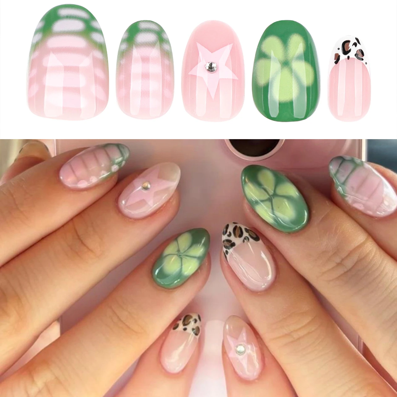 

White Star Green Flower Leopard Print Halo Dyeing Pink French Rhinestone False Nail Detachable Finished Fake Nail Press on Nails