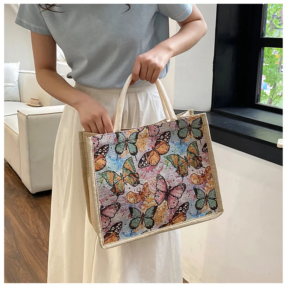 ISKYBOB-حقيبة حمل من الكتان بسعة كبيرة للنساء ، حقيبة يد مطبوعة برسوم كرتونية ، حقيبة تخزين على الشاطئ ، سعة كبيرة ، جديدة في.