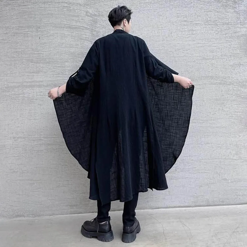 Mens Linen Dark Thin Casual Cloak Summer Streetwear Fashion Youth Outdoor Breathable Long Windbreaker Men'S Clothing 2025 New