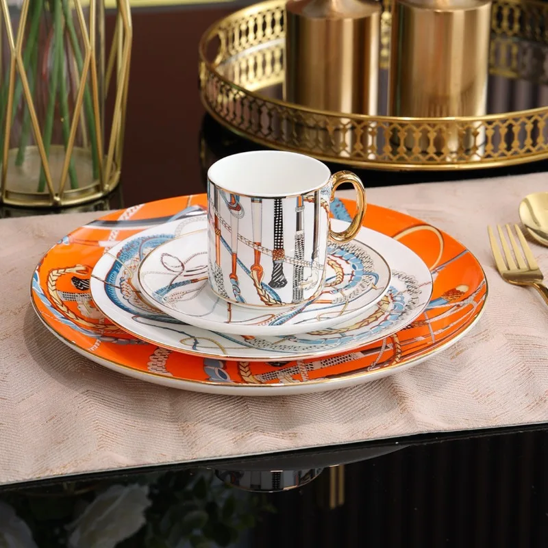 

Western Plate Bone China Steak Plate Shallow Plate Light Luxury Hotel Decoration Coffee Cup Saucer English Style Shallow Dish