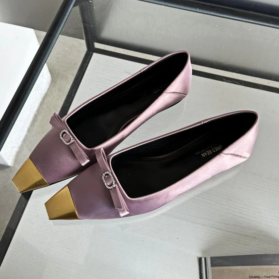 Satin Flat Shoes for Women Fashion Designer Office Shoes Comfy Bow Elegant Classic Pumps Metal Square Head Flat Shoes Female