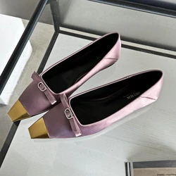 Satin Flat Shoes for Women Fashion Designer Office Shoes Comfy Bow Elegant Classic Pumps Metal Square Head Flat Shoes Female