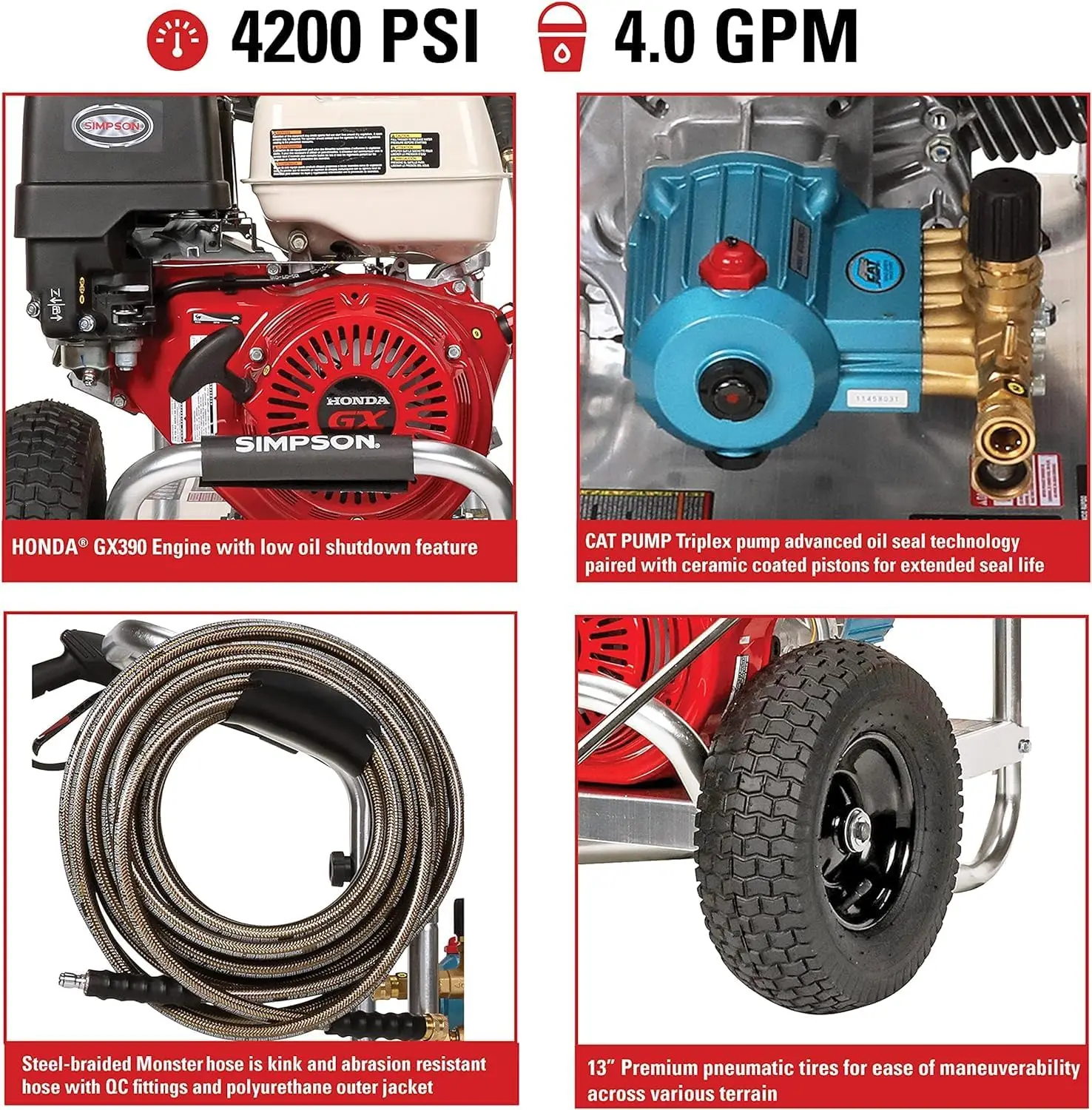 Livres-Nettoyeur haute pression à gaz série en aluminium, 4200 PSI, 4.0, moteur, odorpulvérisateur inclus et rallonge