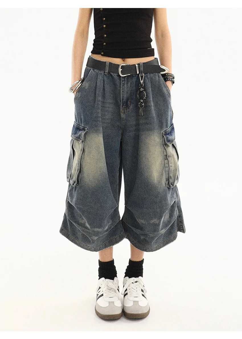 American Style Women Vintage Washed Workwear Denim Shorts with Multiple Pockets Pleated Design Loose Drapey Seven-Foot Pants