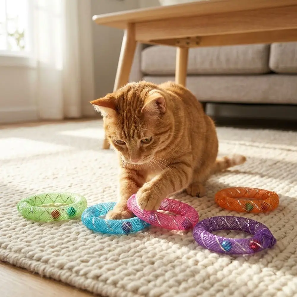 5Pcs Bell Sounds Circle Bell Cat Soft Mesh Bouncing Spring Self Play Cat Colorful Bite Resistant Cat Hose Pet Entertainment