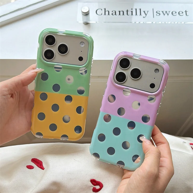Kawaii Color Block Polka Dot Phone Case For iPhone 15 16 17 Pro Max Full Lens Protective Shockproof Hard Cover fashion phone cas