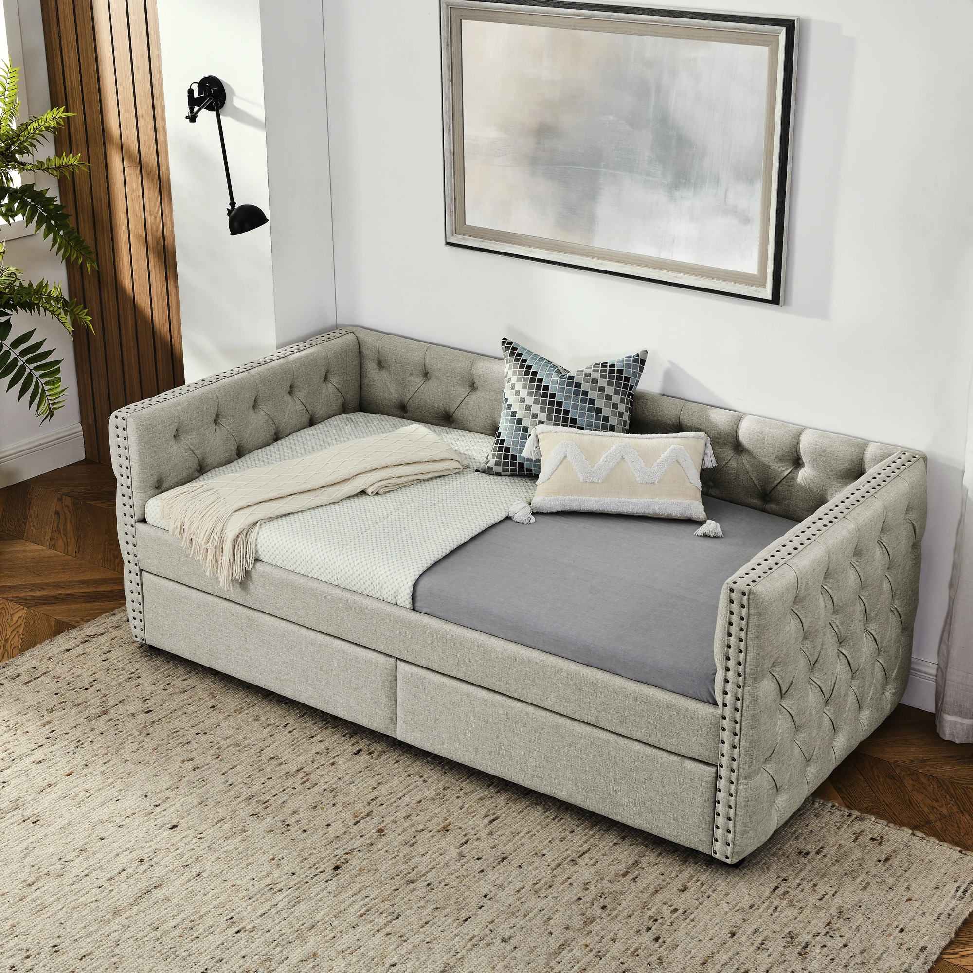 Upholstered Twin Daybed with 2 Drawers, Button & Copper Nail Detail on Square Arms, Space-Saving Design (82.75''x43''x30.75'')