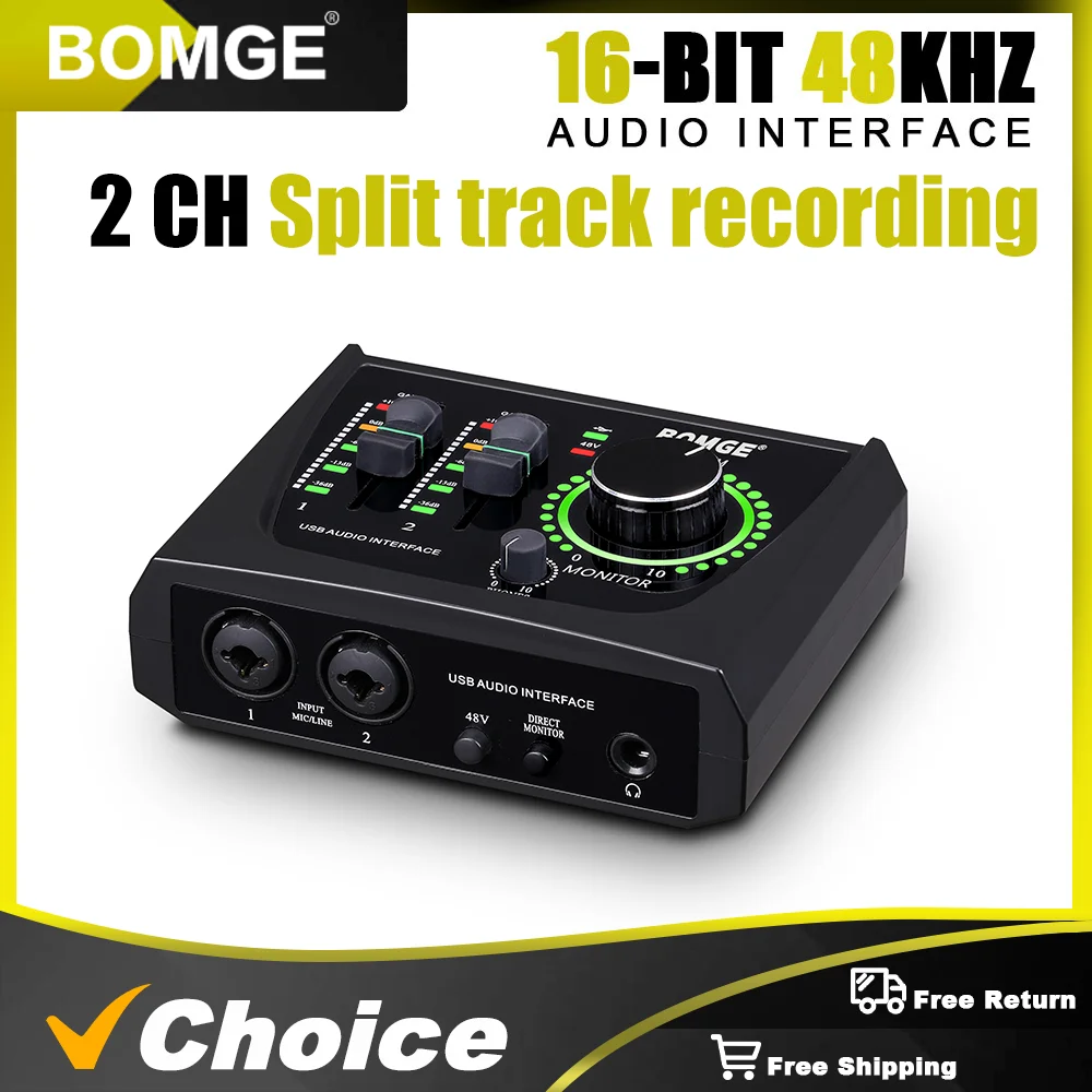 BOMGE mini 2 Channel USB Audio Interface sound card Recording Streaming and Podcasting with XLR/48V Phantom Power for Guitarist