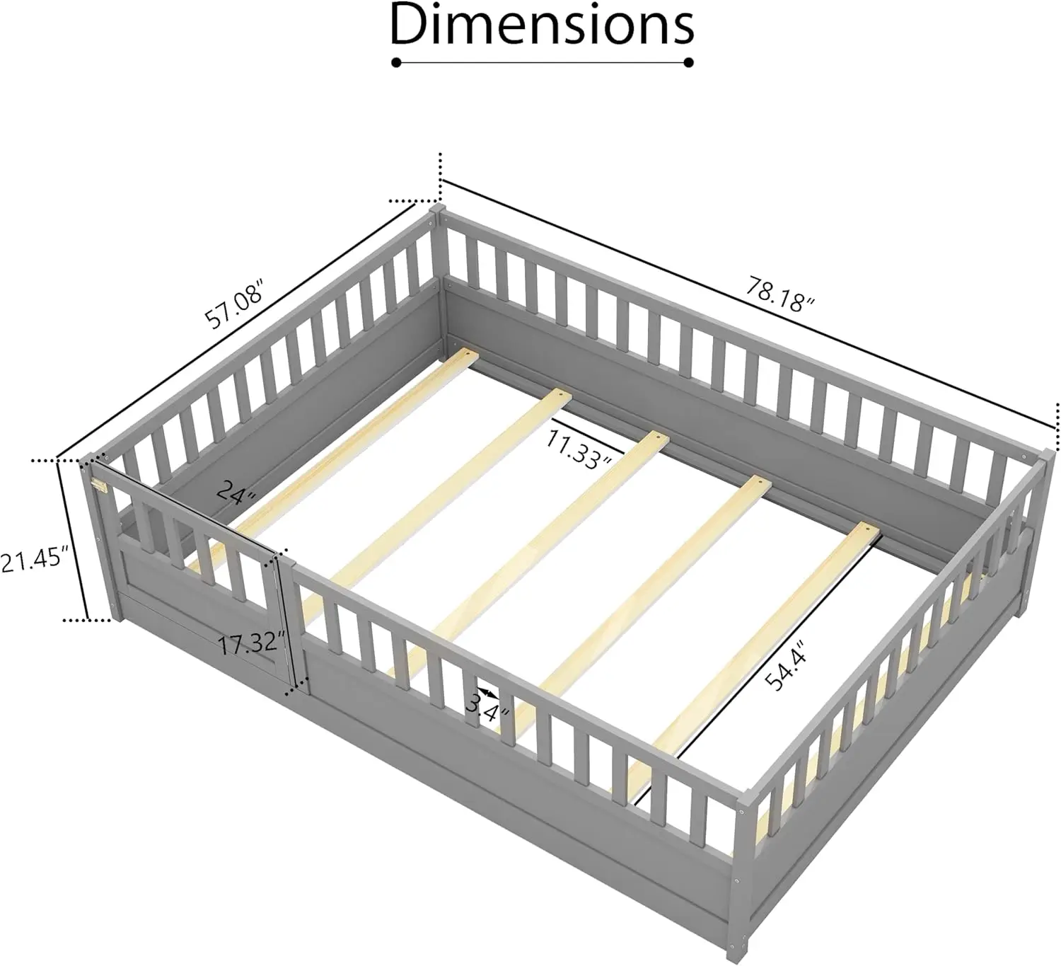 Montessori Floor Bed with Fence and Open Door,Platform Bed Frame W/Super High Security Barrier,for Girls Boys,Gray