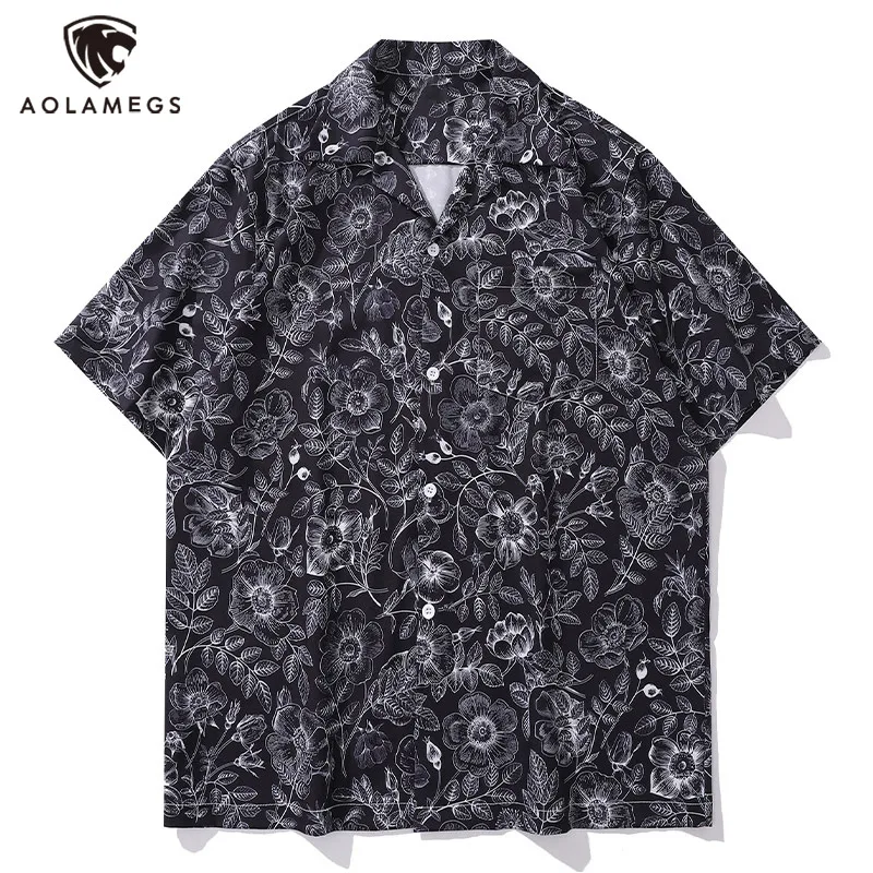 

Men's Shirts Hawaiian Line Drawing Blouse M-2XL Black White Floral Print Tops Hong Kong Style Short-Sleeved Lapel Clothes