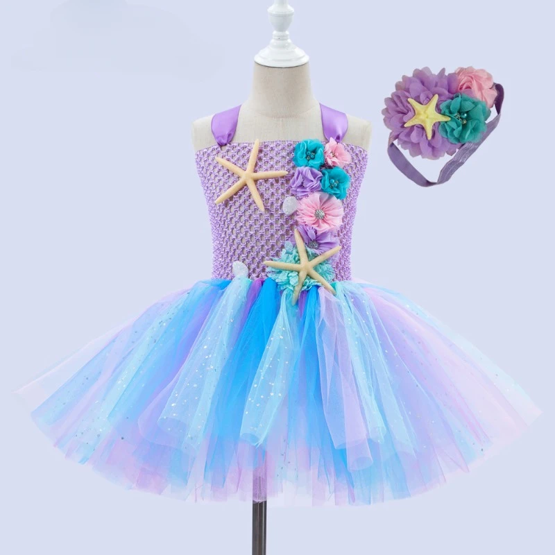 

Girls Mermaid Tutu Dress Under the Sea Theme Birthday Party Carnival Costumes with Flower Headband Ocean Halloween Dresses 1-12Y