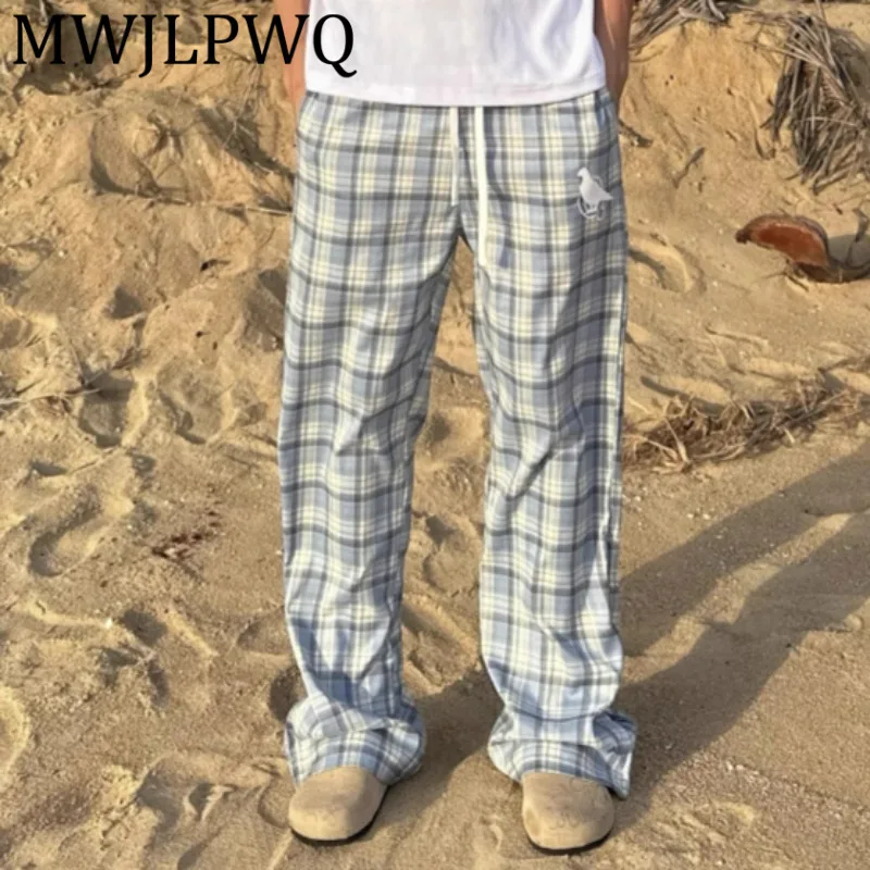 

MWJLPWQ American Style Blue Plaid Men Cleanfit Lazy Daily Versatile Casual Loose Straight Wide Leg Pant Spring 2025 Autumn 12016