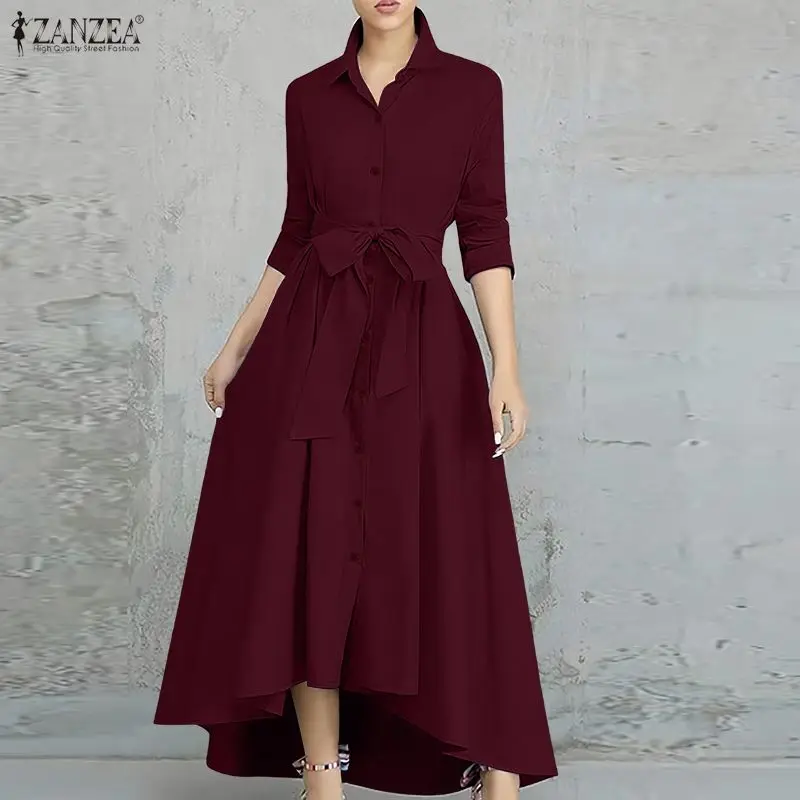 ZANZEA Frauen Kleider Trend 2026 Frühling Revers Hals 3/4 Hülse Hemd Kleid Büro Sommerkleid Herbst Unregelmäßigen Saum Arbeit Roben Vestido