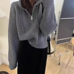 Sweaters for Women Autumn/Winter Temperament Commute Knitted Sweaters Hooded Zipper Coat Women Tops Women Casual Short Jacket