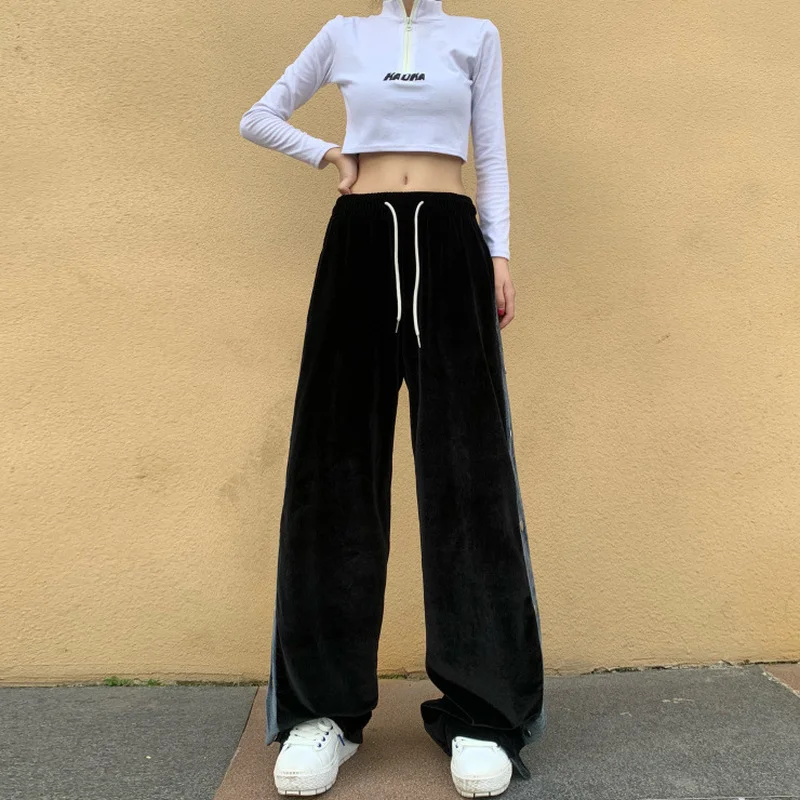 Korean Version of Sports Pants Trousers Retro Velvet-breasted Split Trousers Casual Pants Female Straight Leg Casual Trousers