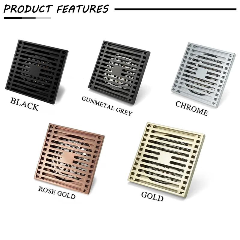 

Brass Floor Drain Square Stripe Cover with Filter Large Displacement Bathroom Sink Toilet Shower Deodorant Drain