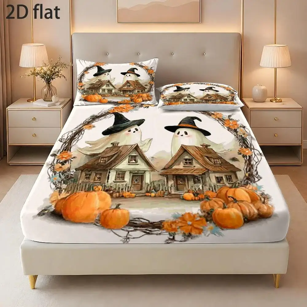 2D Digital Printed Three-Piece Bedding Set Halloween Pumpkin Ghost Fitted Sheet Mattress Protector Fitted Elastic Style Protective Cover 2D Flat Printing, Mattress Protector, Angel Dinner Party Theme, Vintage Oil Painting Style, Christmas Limited Edition, Suitable for All Seasons, Machine Washable Design, Holiday Decoration, Various Sizes, Breathable Protective Cover with Pillowcase